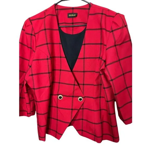Vintage Reina Red Black Window‎ Pane Plaid Blazer Size L/XL - Picture 2 of 7
